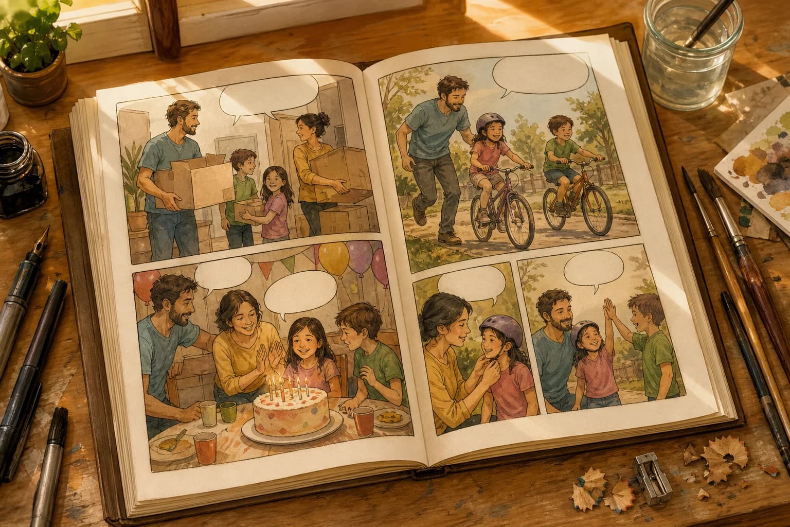 Illustration d'un album de bande dessinée ouvert sur un bureau de dessinateur, entouré de pinceaux et d'encres