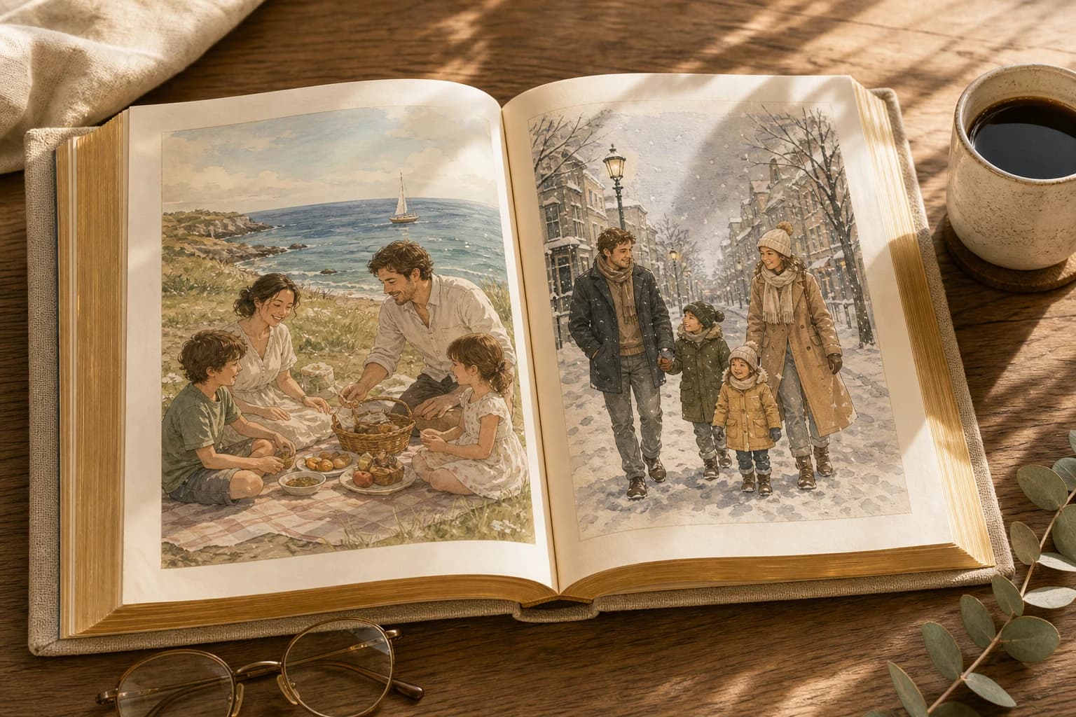 Illustration d'un grand livre relié en lin ouvert sur deux illustrations familiales, posé sur une table en bois