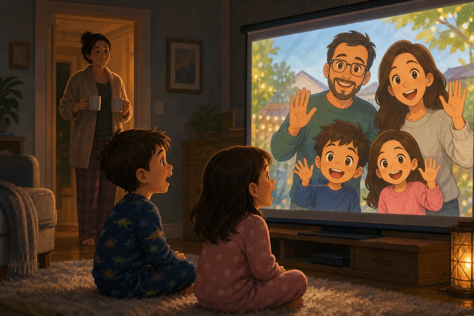 Illustration de deux enfants en pyjama émerveillés devant un écran où leurs proches apparaissent en dessin animé