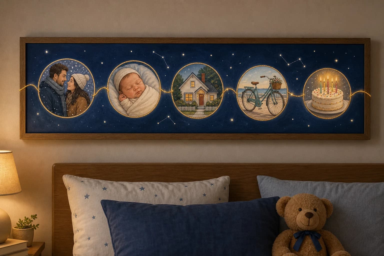 Illustration d'un long poster encadré où un fil doré relie des médaillons de moments familiaux