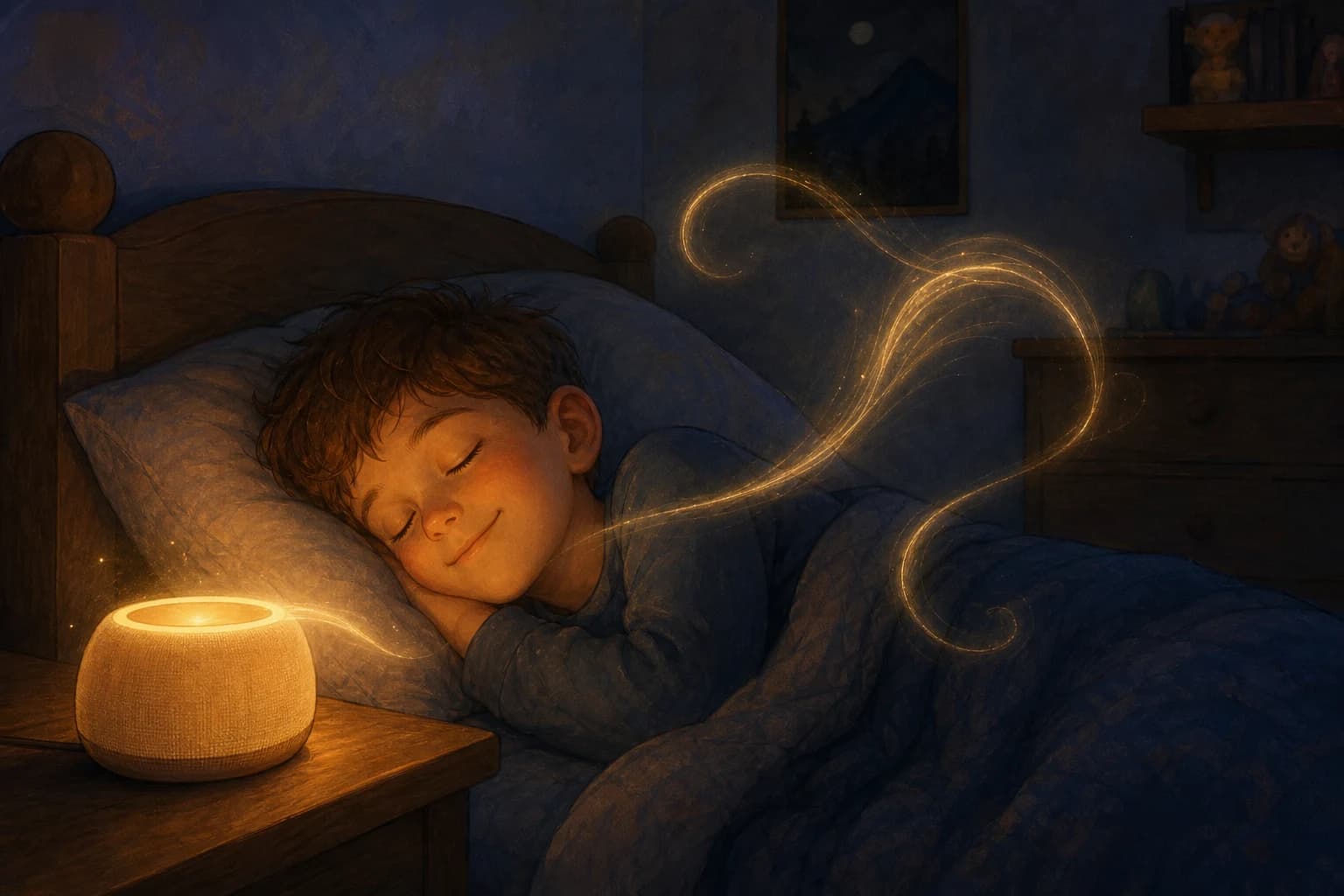 Illustration d'un enfant endormi écoutant une petite enceinte d'où s'échappe un fil de lumière dorée