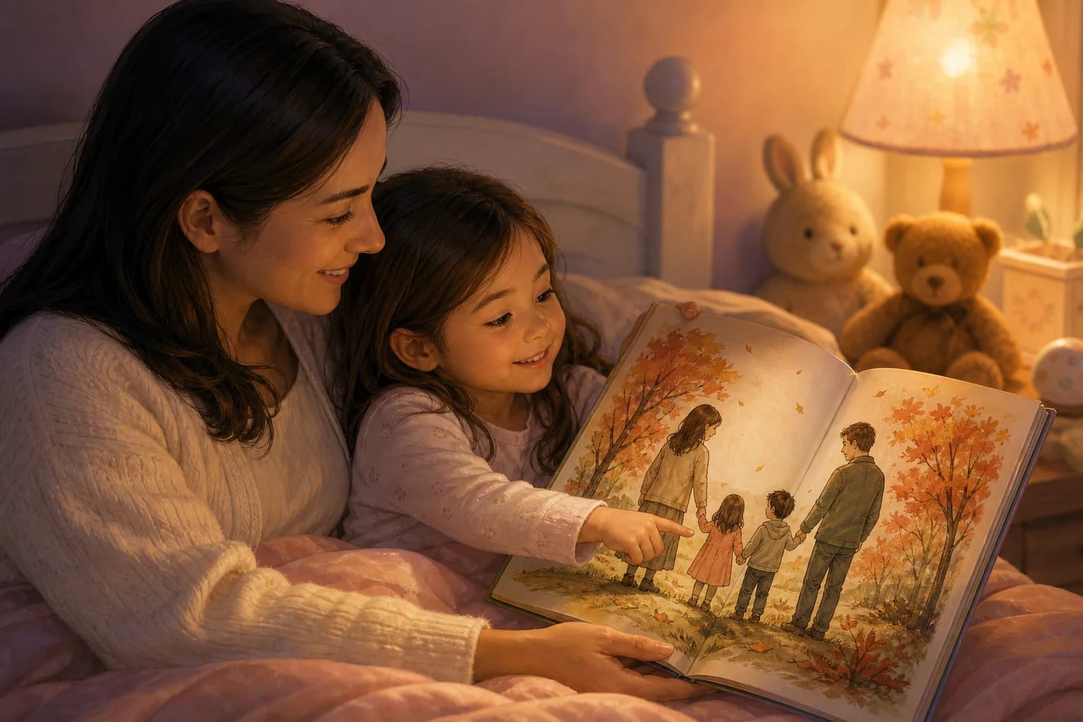 Illustration d'une mère lisant à son enfant un album montrant leurs proches