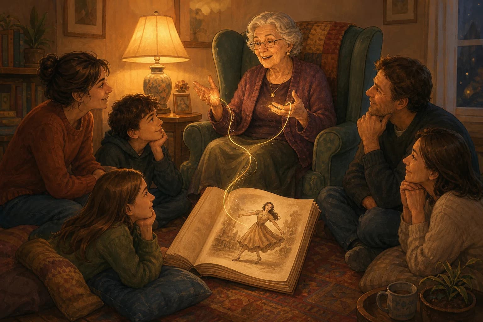 Illustration d'une grand-mère racontant sa jeunesse, un fil doré reliant ses mains à un livre ouvert