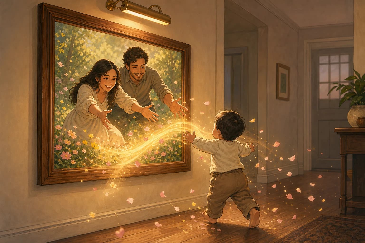 Illustration d'un cadre accroché au mur dont la scène s'anime et déborde en fils de lumière dorée