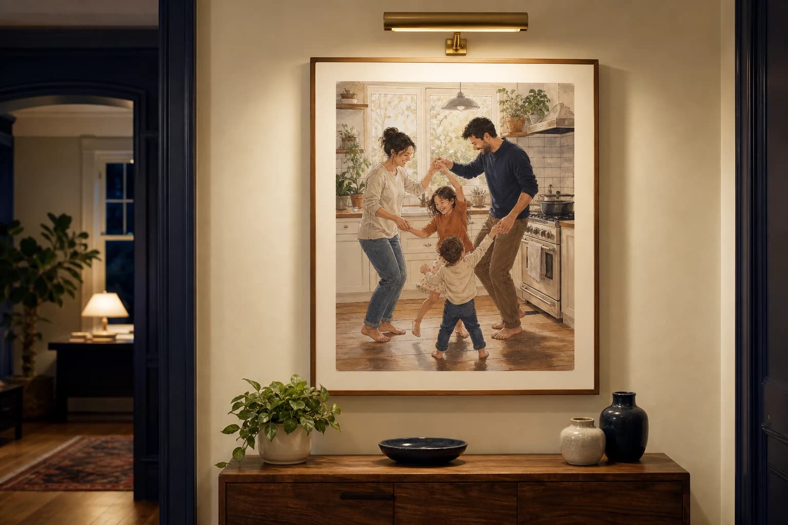 Illustration d'un grand tirage encadré au-dessus d'un buffet, éclairé comme dans un musée