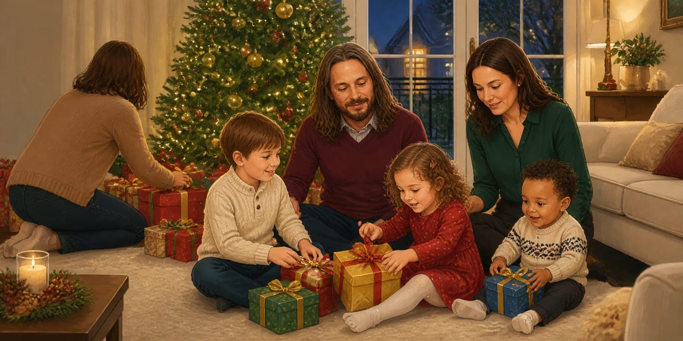 Illustration de proches réunis autour du sapin de Noël