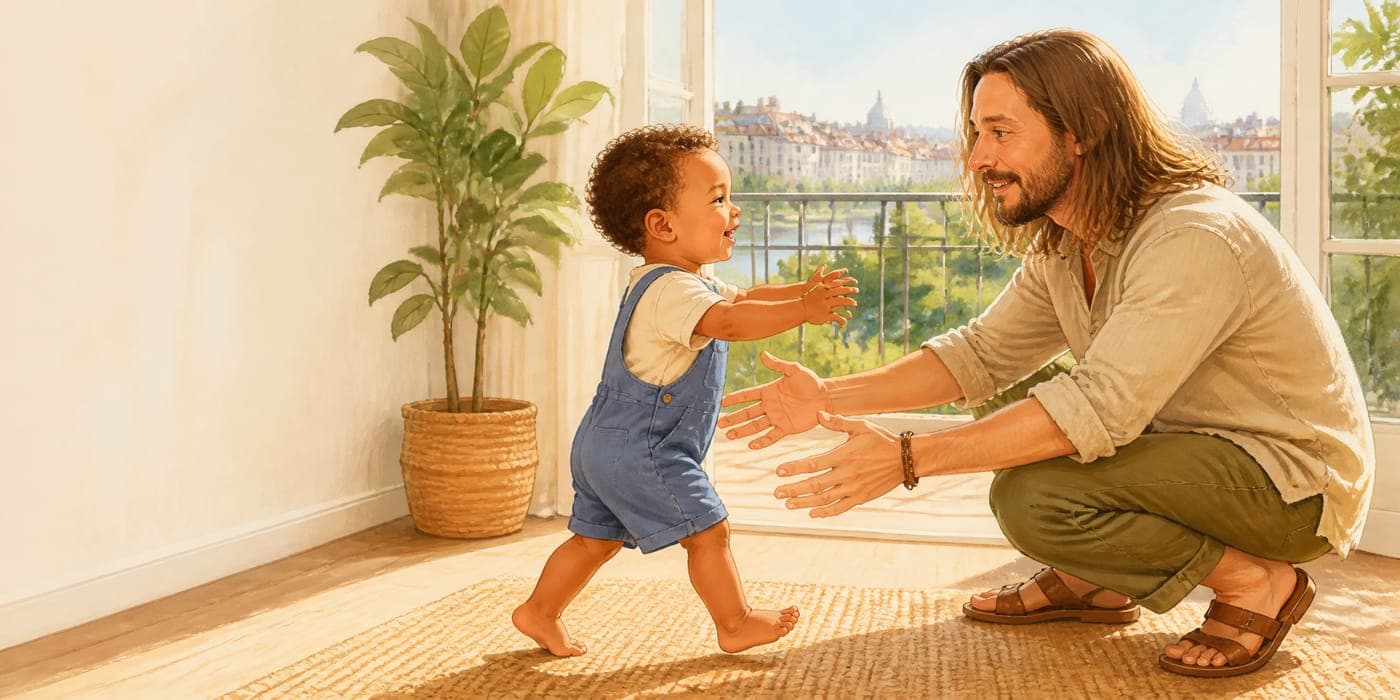Illustration d'un tout-petit qui s'élance vers les bras ouverts de son père