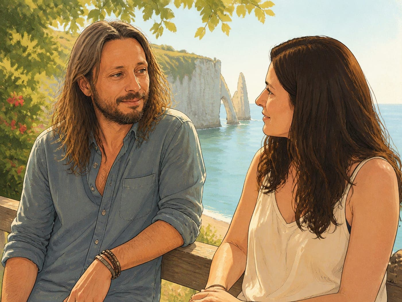 Illustration d'un couple face aux falaises d'Étretat